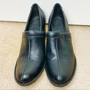 Born Black Leather Chunky Heeled Mules